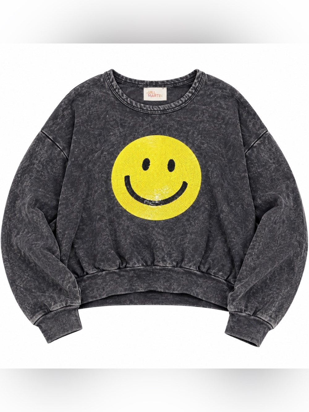 Washed Black Grey Crewneck Sweater with Yellow Smiley Graphic